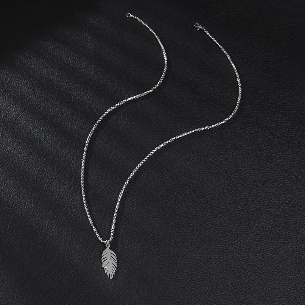 New European & American Men's Stainless Steel Feather Leaf Necklace