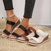 Spring New Large Size Woven Belt One-word Wedge Slippers Women Wear Round Head Thick Bottom Medium Heel Thick Bottom Cool Slippers