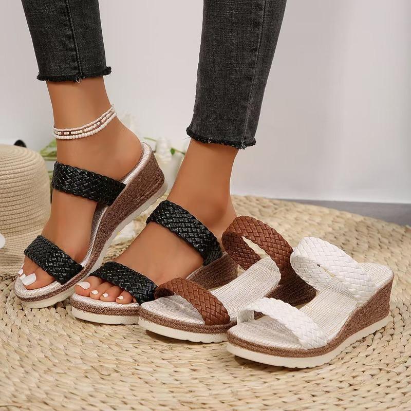 Spring New Large Size Woven Belt One-word Wedge Slippers Women Wear Round Head Thick Bottom Medium Heel Thick Bottom Cool Slippers