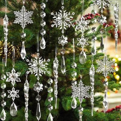 Set da 18 Pezzi di Bastoncini di Ghiaccio e Ciondoli a Fiocco di Neve in Acrilico Trasparente per Decorazioni Natalizie