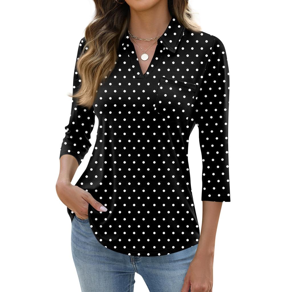 Women's Fashion Casual Lapel Short 3/4 Sleeve Print Shirt Women's Up Tops