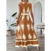 Maxi Abito da Donna Stampato Scollo a V Manica Vita Elastica Casual Boemo Estivo Abiti da Spiaggia