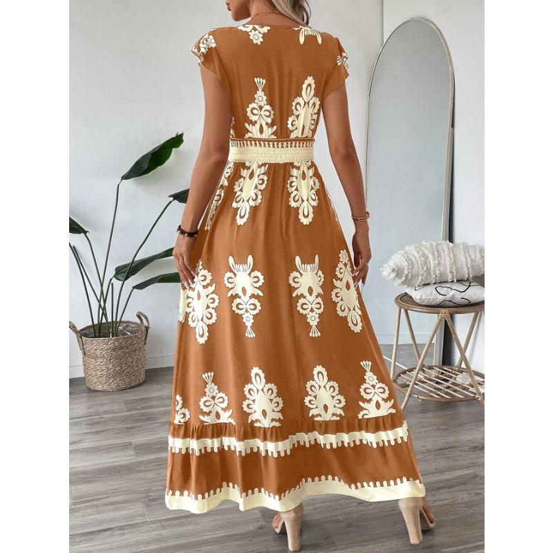 Maxi Abito da Donna Stampato Scollo a V Manica Vita Elastica Casual Boemo Estivo Abiti da Spiaggia