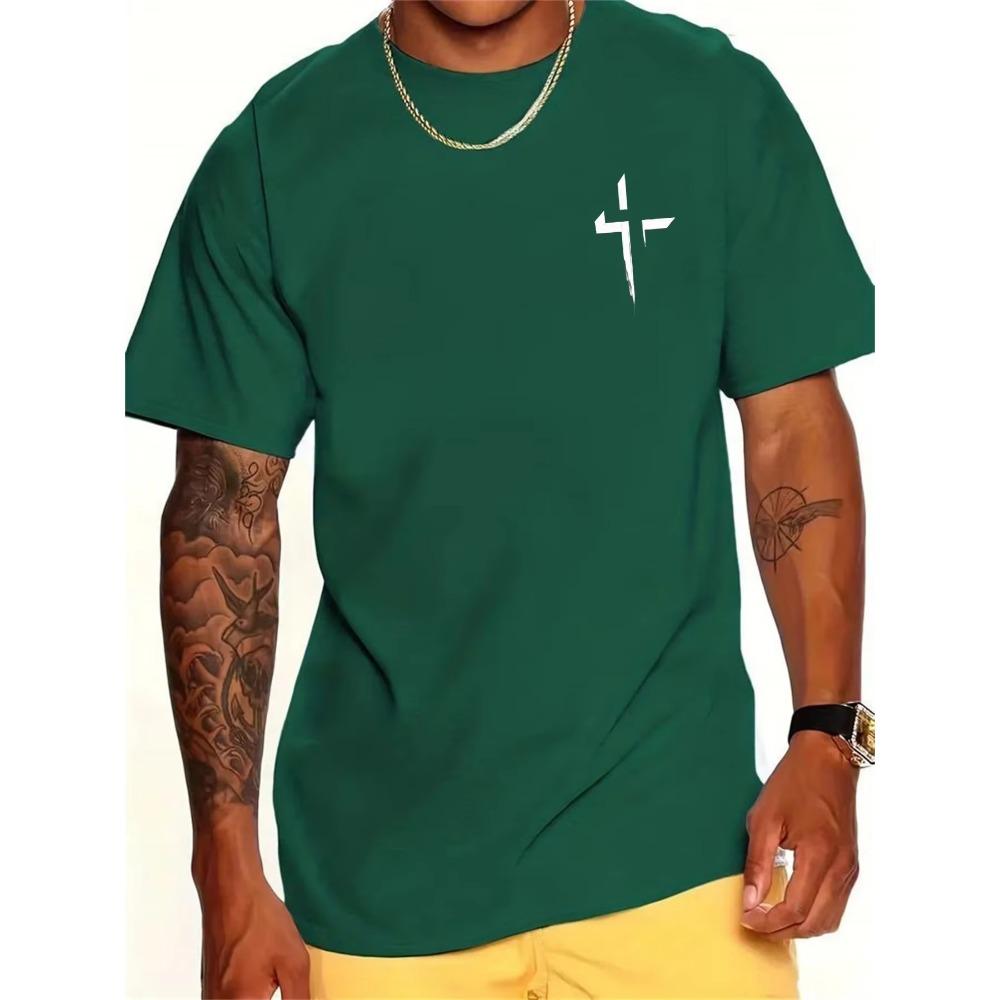 Summer Men's 100% Cotton Casual Loose Large Cross Faith Printed Sports Comfortable Round Neck Short Sleeve T-shirt Top
