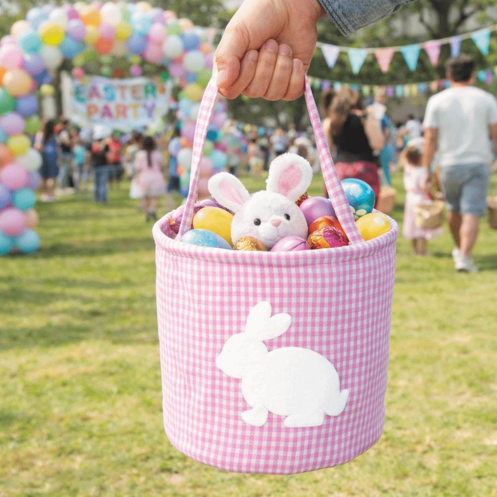 Embroidery Easter Rabbit Basket Plaid Easter Gift Basket Reusable Toys Storage Bag Nursery Storage