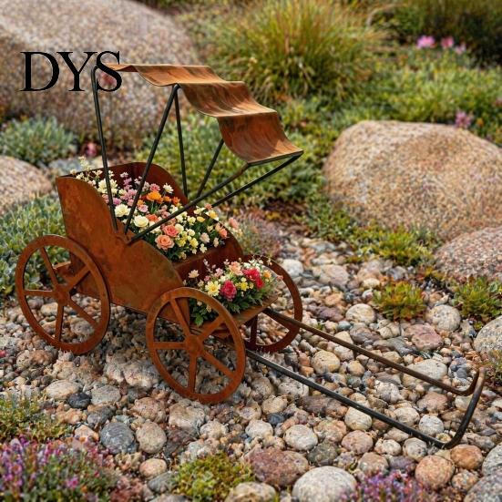 Weatherproof Garden Decor Rustic Rickshaw Ornament, Decorative Metal Yard Sculpture, Fun Decorations Retro Outdoor Decoration for Lawn Patio Backyard