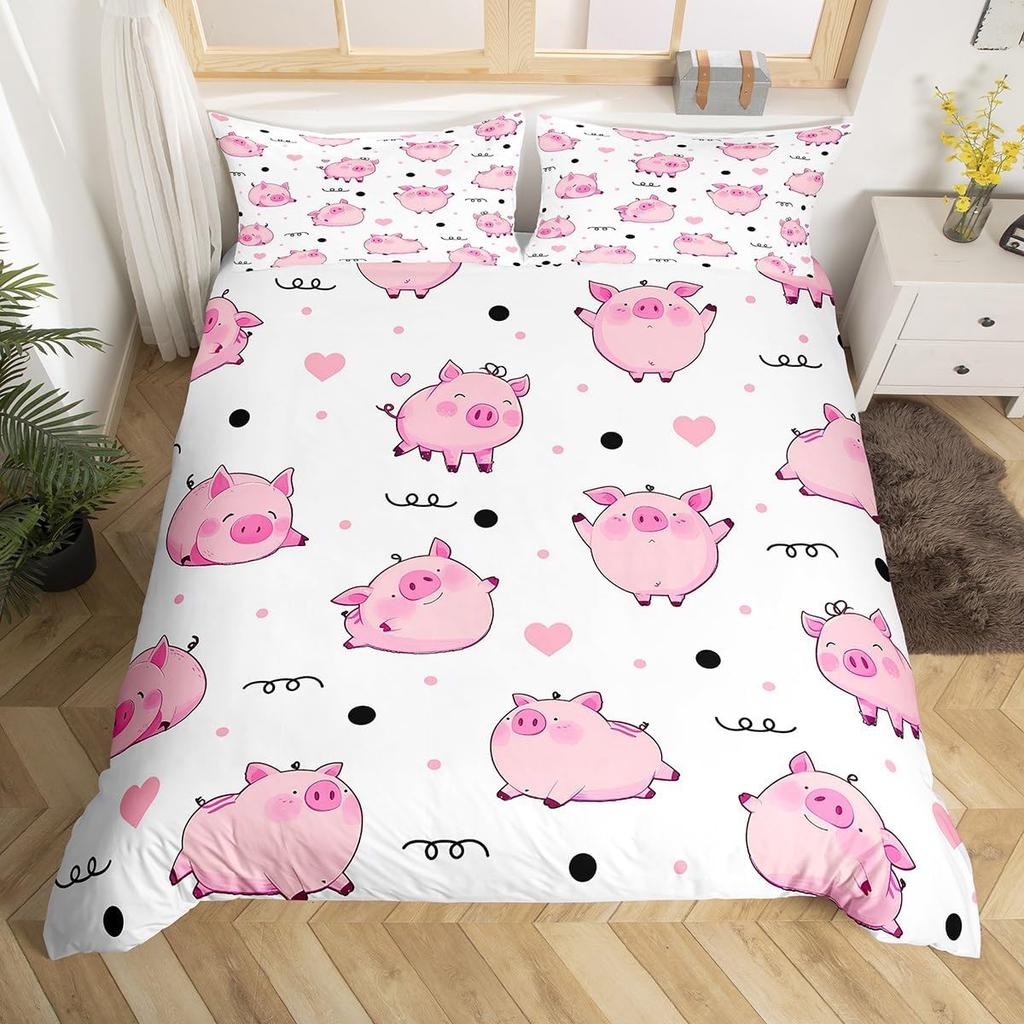 Pink Pig Duvet Cover For Girls Kawaii Room Decor Twin, Rose Floral Leaves Comforter Cover Cute Farm Animal Cartoon Bedding Set