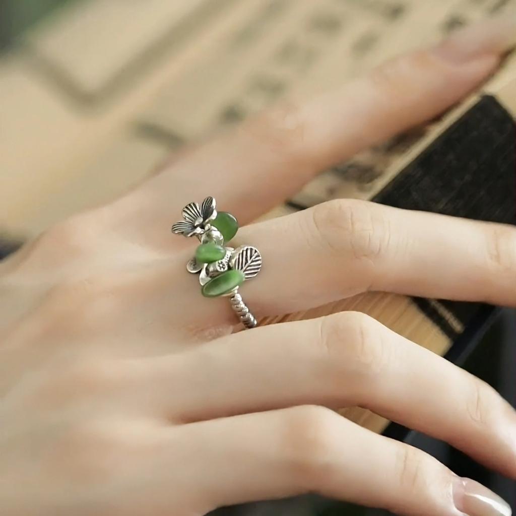 925 Sterling Silber Schmuck Vintage Natürlicher Jade Blume Fingerringe für Frauen Hochzeitsfeier Schmuck Für Mädchen Freundin Geschenk