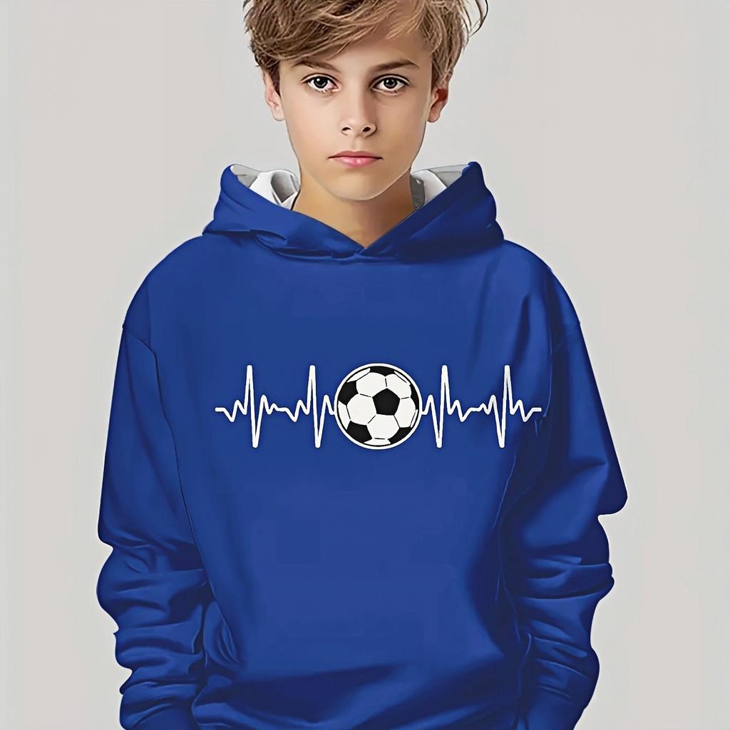 Boys' Football Heart Rate Pattern Hoodie - Royal Blue Hoodie, Sporty Spring and Autumn Casual Outfit