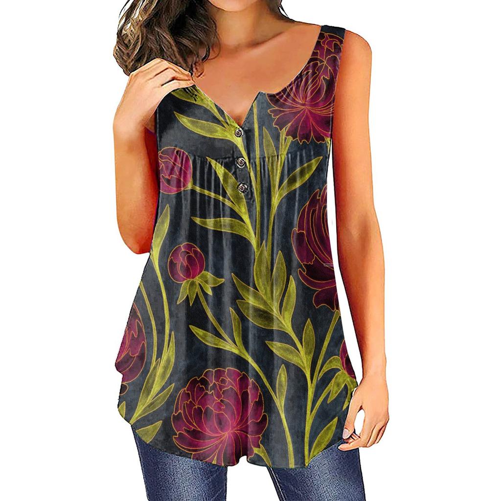 Women's Fashion Floral Printing Pleated Sleeveless Casual T-shirt Vest Button Top