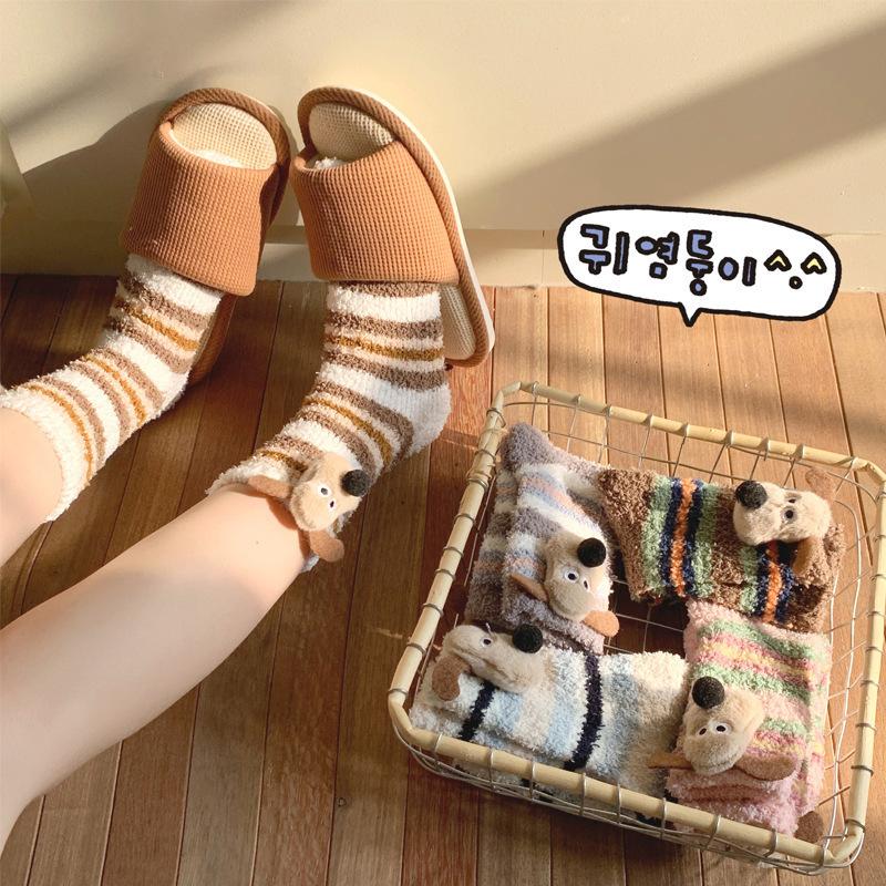Cute Puppy Coral Fleece Socks Women Plush Thickened Home Sleep Warm Fur Floor Socks Winter Cotton