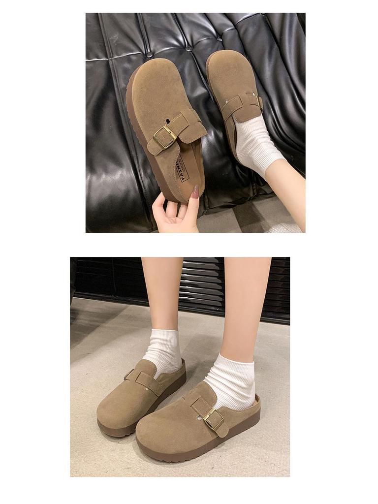 2024 Women's Fleece Half-Slippers: Closed-Toe Flat Birkenstock Style, Perfect for Pregnant Women & Outdoor Wear