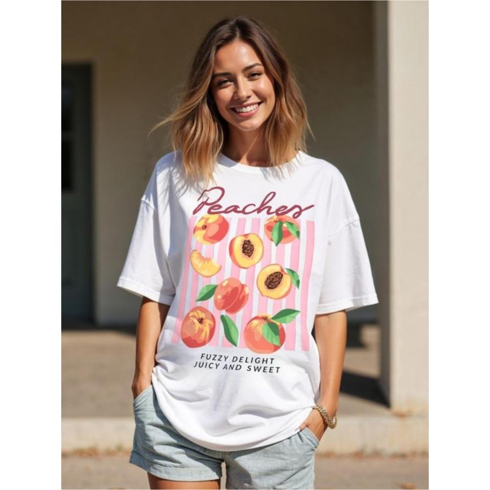 

Crew Neck T-Shirt with Vibrant Peach and Apricot Print Fuzzy Delight Juicy and Sweet Design Short Sleeve Aesthetic Clothes S