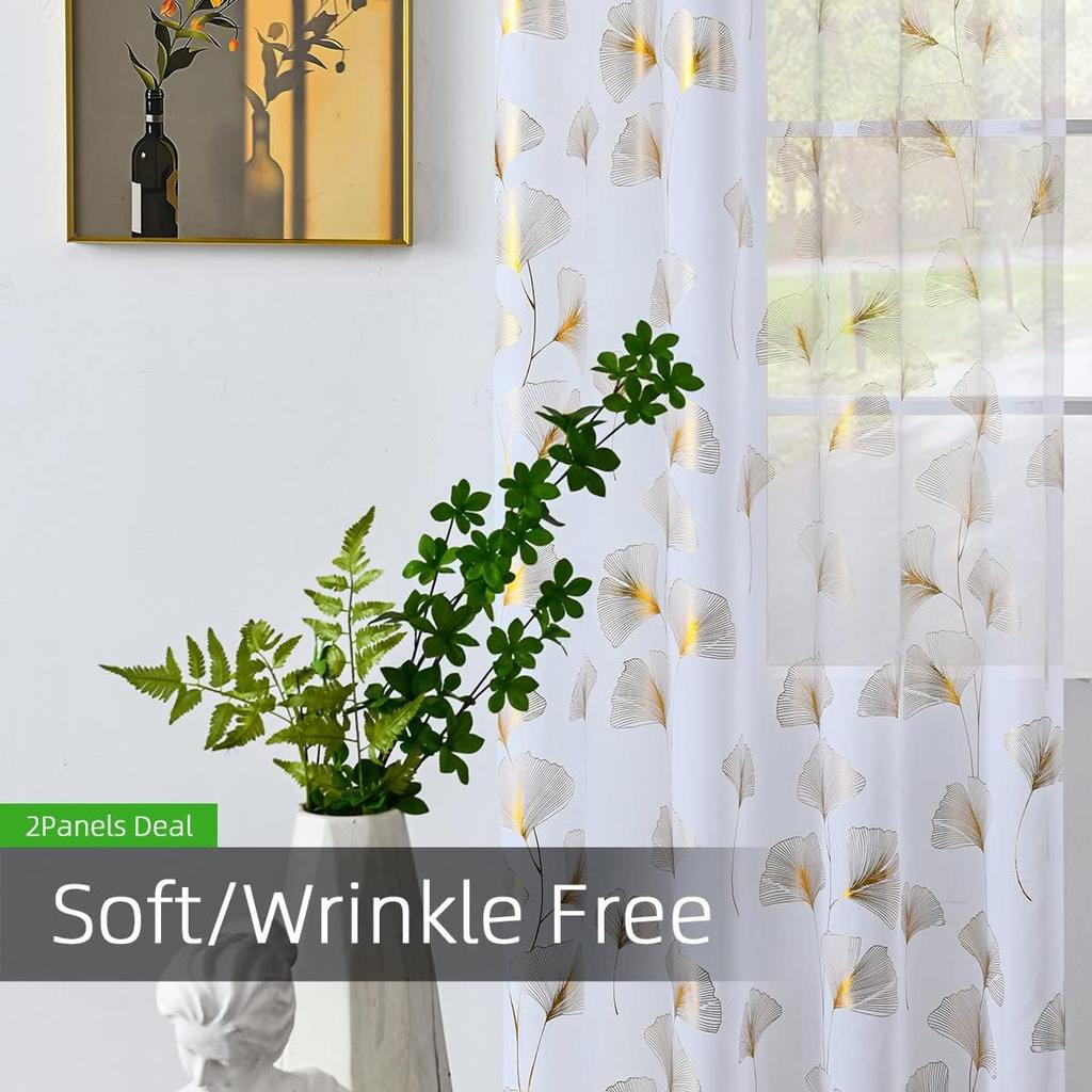 Gold Foil Print Voile Sheer Curtains, Leaves Grommet Top Window Drapes 96 Inches Long, Luxury Metallic Bronzing Treatment Panels