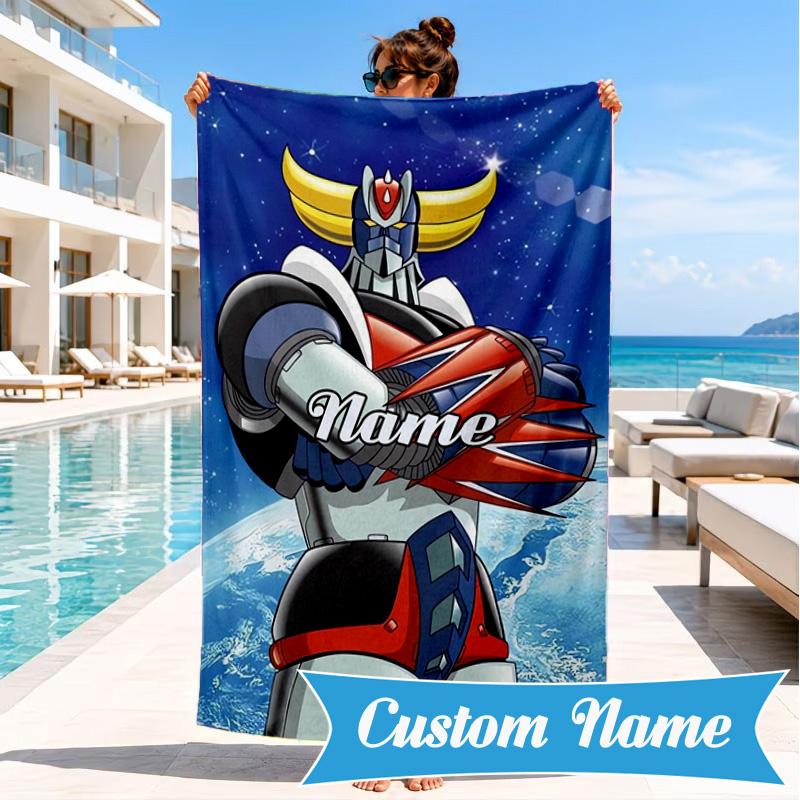 Custom Name Beach Towel Robot Dreams Space Microfiber Beach Towel, Lightweight for Summer Travel, Swimming Pool Fan Birthday Gift