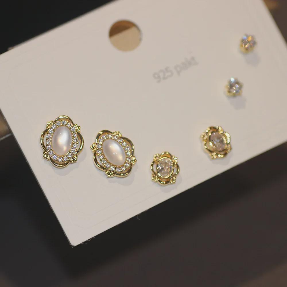 925 Silber Nadel Ohrring Set - Goldene Schleife und Persönlichkeitsdesigns, Drei Paare