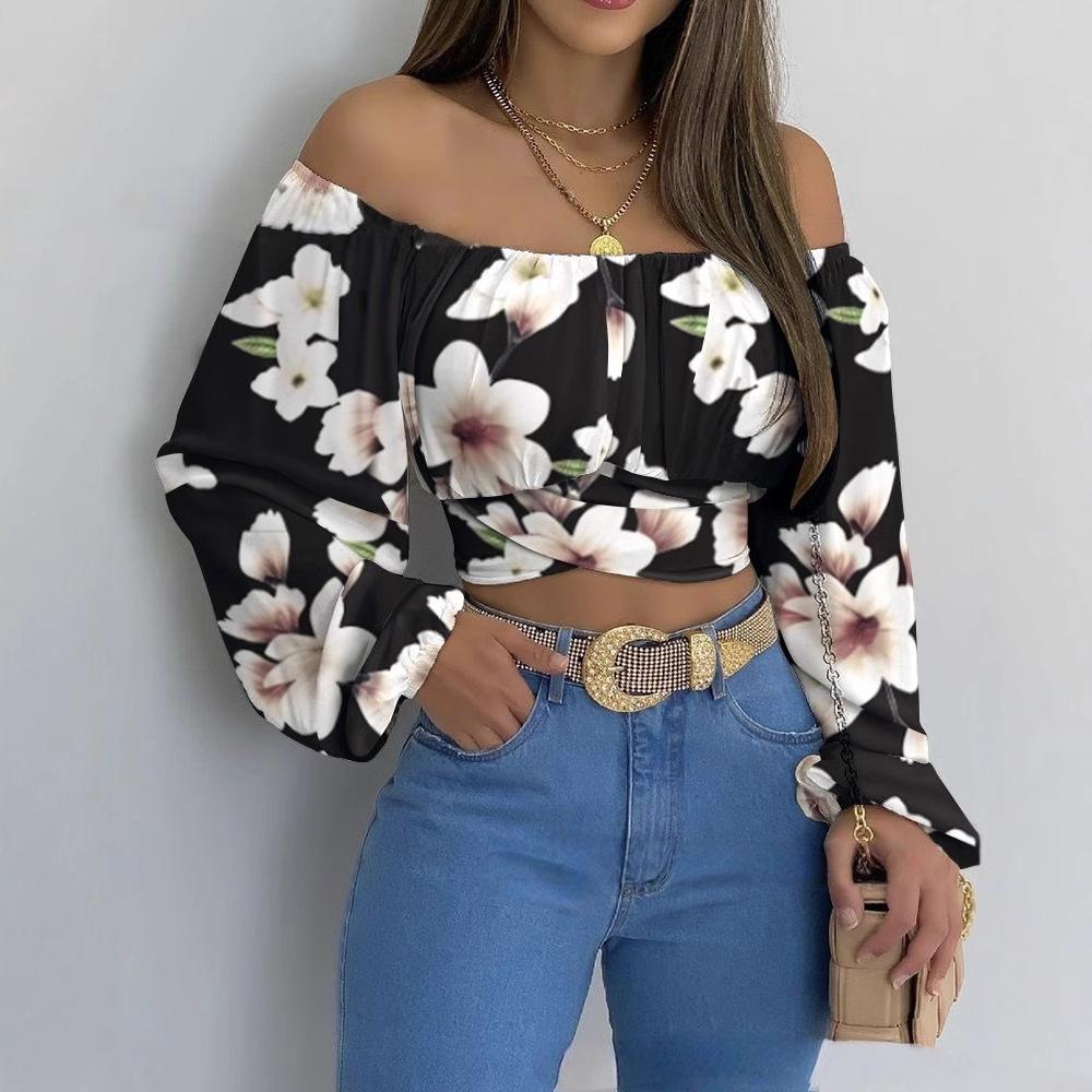 Women's long sleeves off-shoulder one-length neck lantern sleeve printed shirt