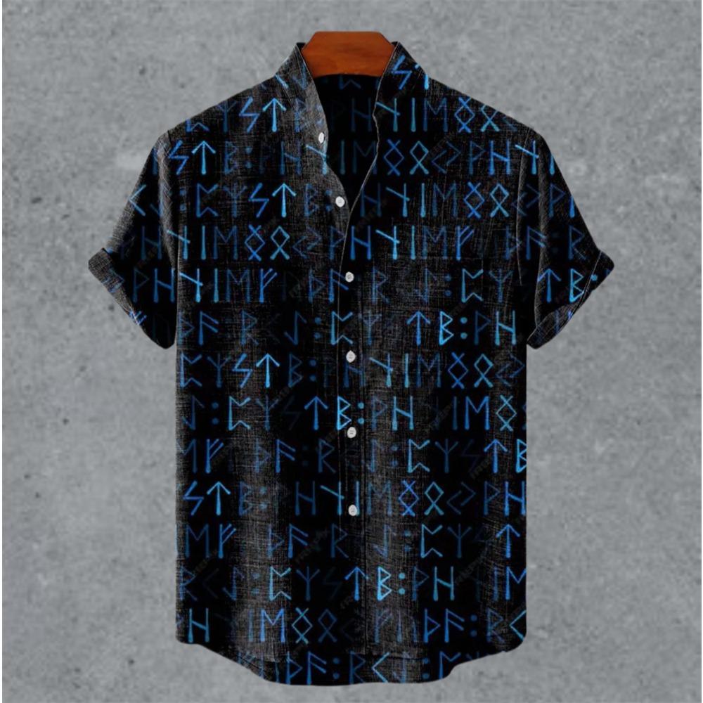 Art retro vintage men's shirt with mottled marks, standing collar printed short sleeved shirt, casual and comfortable top