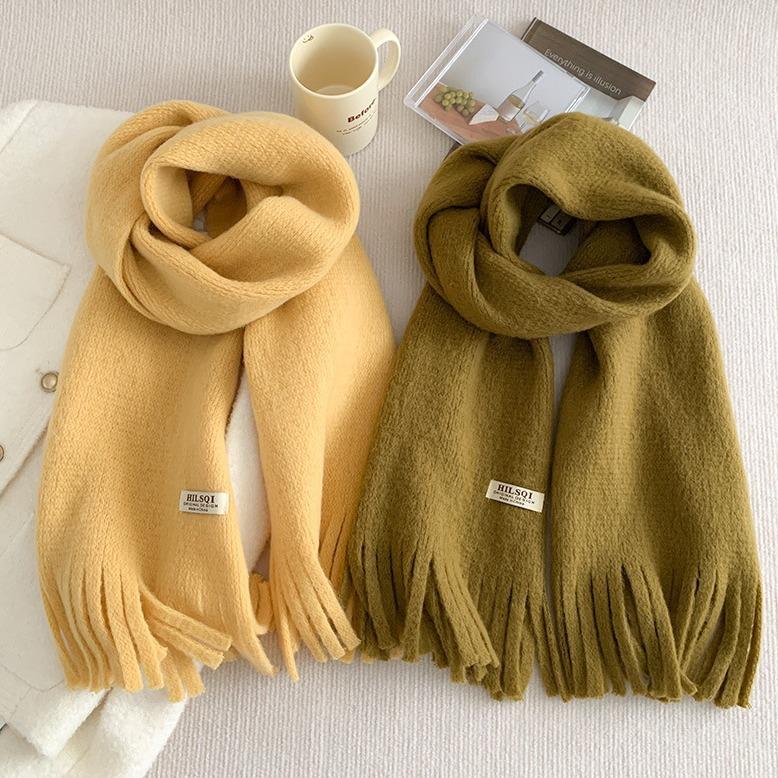 Solid Color Tassel Soft Waxy Plush Scarf for Women Autumn and Winter Plus Velvet Thickening Korean Style Versatile Couple Student Warm Scarf