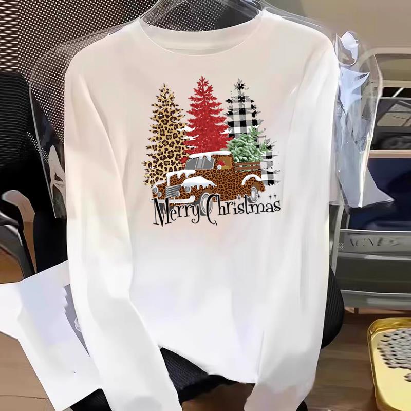 (Asian Size) Tree Watercolor Cute Graphic Tee Women Print T Shirt Christmas New Year Autumn Winter Casual Fashion Top Clothing Long Sleeve T-shirts