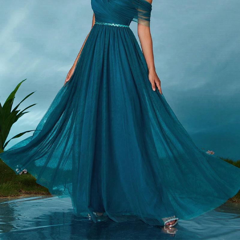 Women's One-Shoulder Casual Mesh Evening Gown