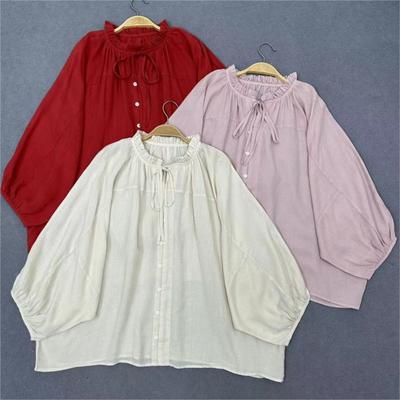 Japanese Casual Loose Bat Shirts Solid Color Shirts Summer Vintage Ruffles Collar Tie Tops Women