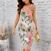 Women Plus Size Crew Neck Sleeveless Midi Dress Neutral Tone Large White Flower Metallic Texture Print Bodycon Dress
