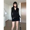 Sexy Spice Girl Swinging Neck Black Long Sleeve Dress Women's Spring New Belt Slim Skinny Hip Wrap Short Skirt