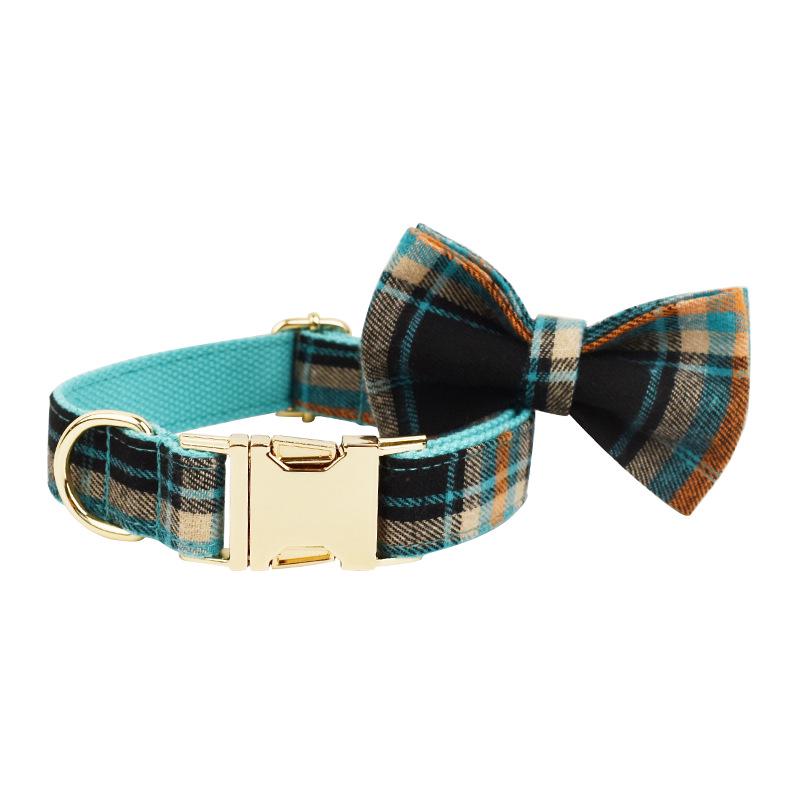 Green Velvet Plaid Retro Pet Collar, Leash & Harness with Bow Set