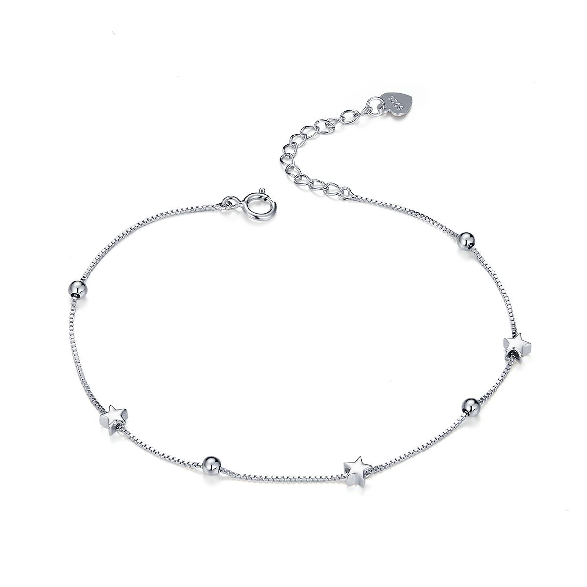 Genuine 925 Sterling Silver Heart and Star Beads Chain Bracelet Female Fashion Silver 925 Jewelry Accessories SCB171