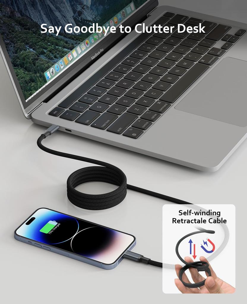 Magtame Magnetic Fast Video USB Cable for iPhone 15 Mac Docking Type-C Cable, Auto-Retract, 100W/5A Charging, USB-to-USB Cable, 8K/60Hz Output, 4.0