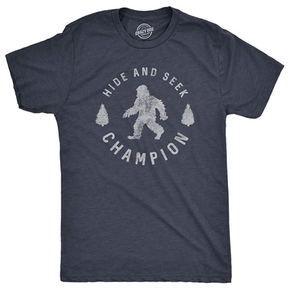 Mens T Shirt Hide and Seek Champion Funny Bigfoot Graphic Sarcastic Tee S