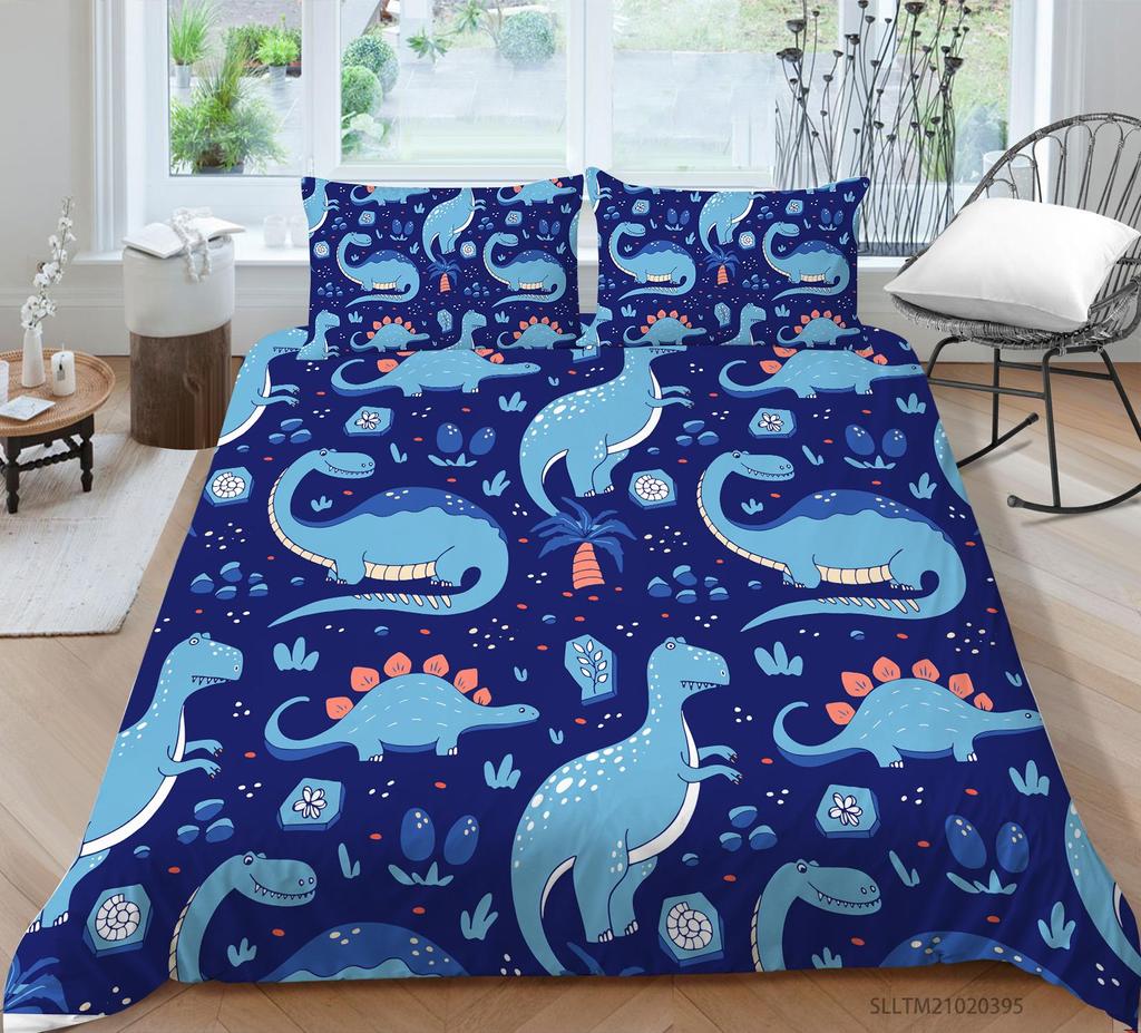 Fierce Beast Dinosaur Print Bedding Quilt Cover and Pillowcase Full-size Color Cartoon Dinosaur Pattern Comfortable and Luxurious Home Decoration
