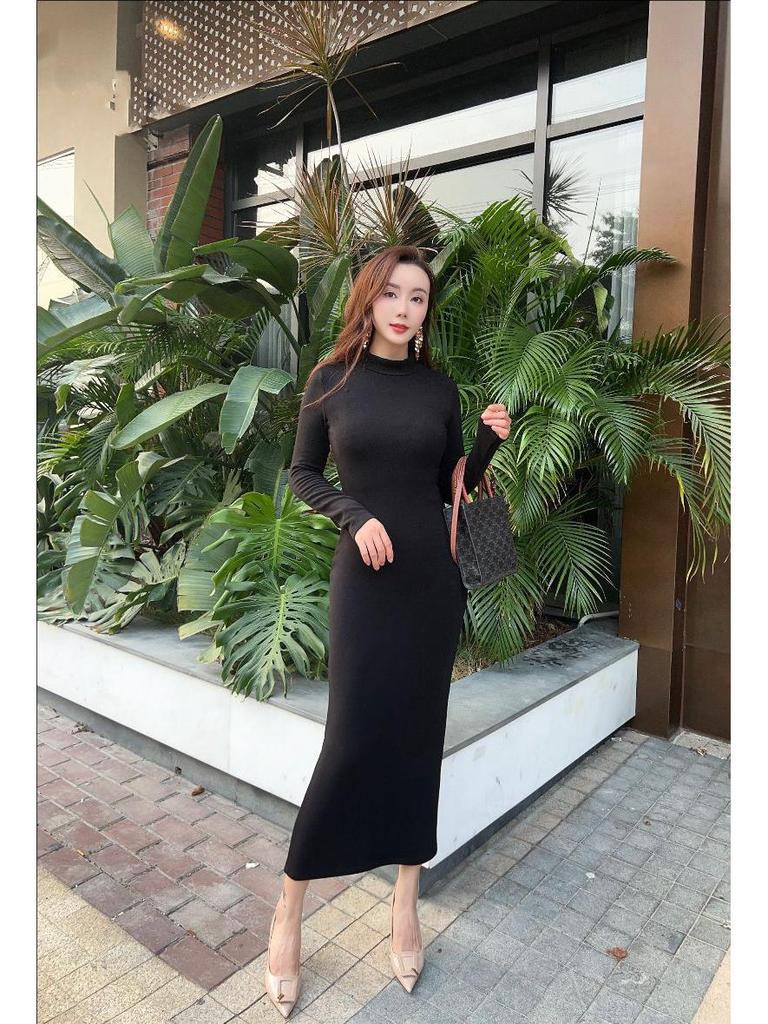 Elegant High-End Autumn Winter Dress: Warm, Semi-High Collar, Slimming Socialite Style
