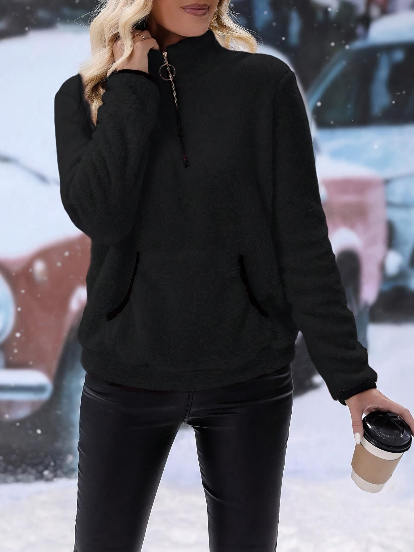 2026 Women s European & American Autumn/Winter Plush Sweatshirt with Semi-High Neck and Zipper Pockets S чёрный