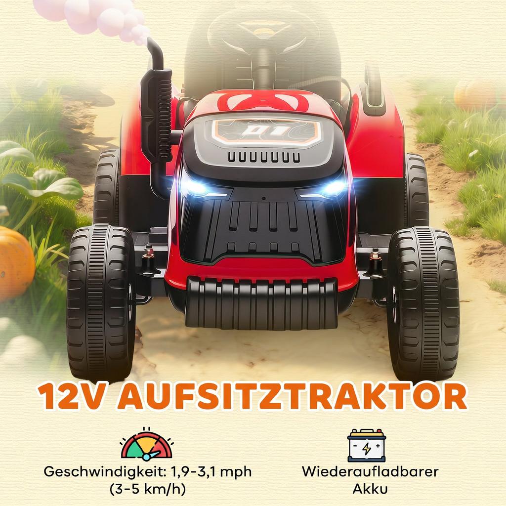 Electric Kids Tractor, Ride-On Tractor with Remote Control, Soft Start, for Children Aged 3-8 Years, Red