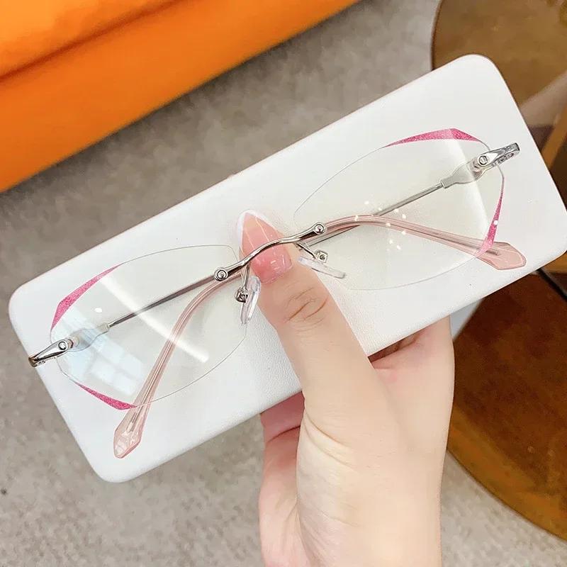 Rimless Myopia Glasses Women Ultralight Vintage Prescription Eyeglasses Shiny Diamond Leg Blue Light Blocking