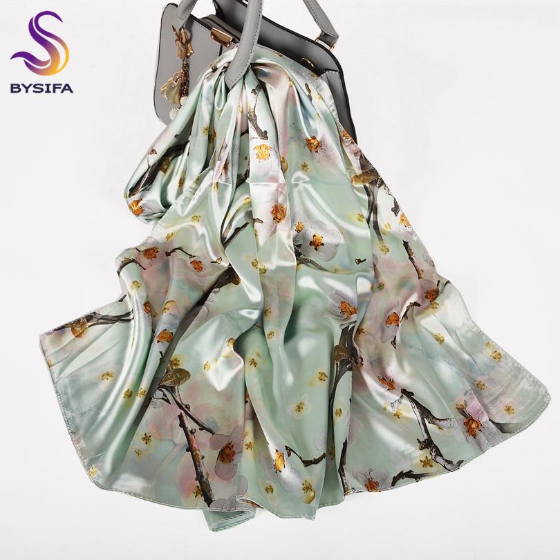 [BYSIFA] Fall New Silk Scarf Hijab Printed Elegant Green Plum Blossom Satin Long Scarves Shawls Winter Women Accessories Wraps
