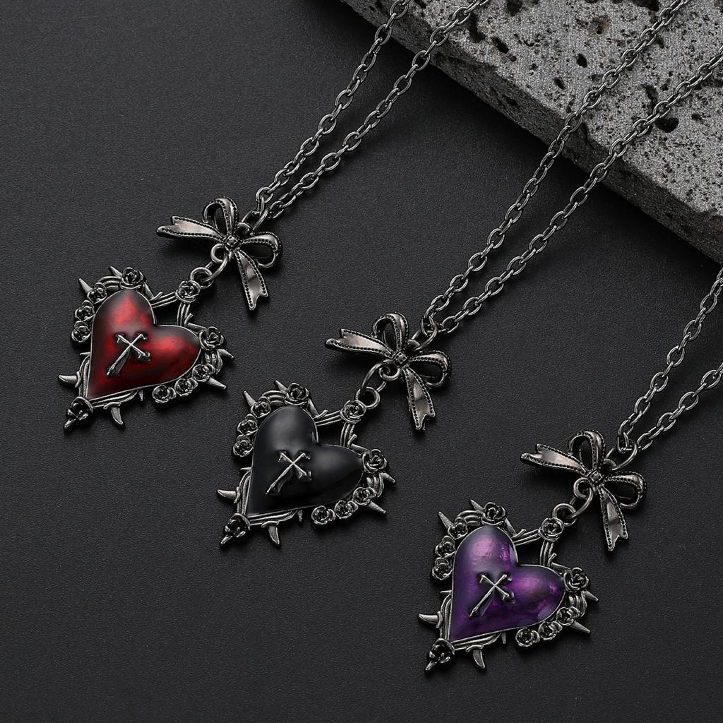 Gothic Bow Red Heart Cross Pendant Necklace Trendy Women Dark Style Neck Accessory