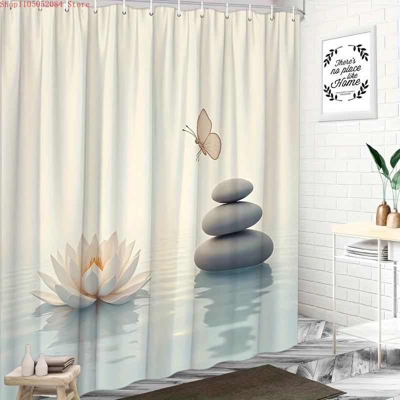 

1Pc Features A Lake Design Lotus - With Hooks Waterproof Mildew Proof Easy Install Washable W60H190(CM)-1 Pcs