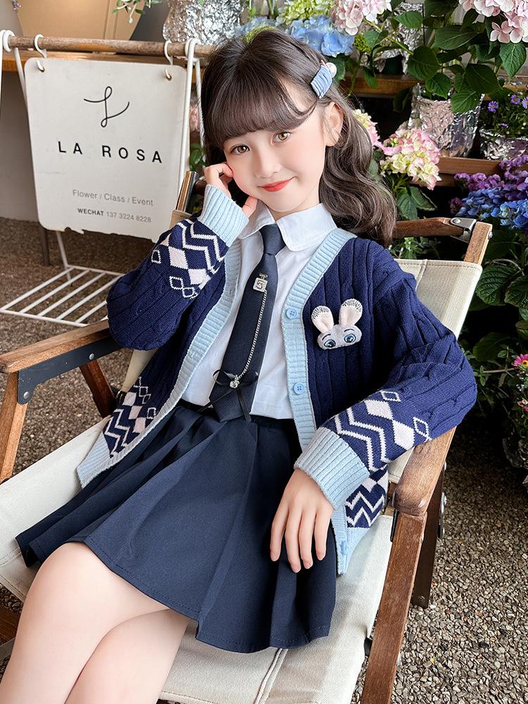Girls' College Style Three-Piece JK Uniform Set: Pleated Skirt, Cardigan Sweater, and Bunny Officer Accent