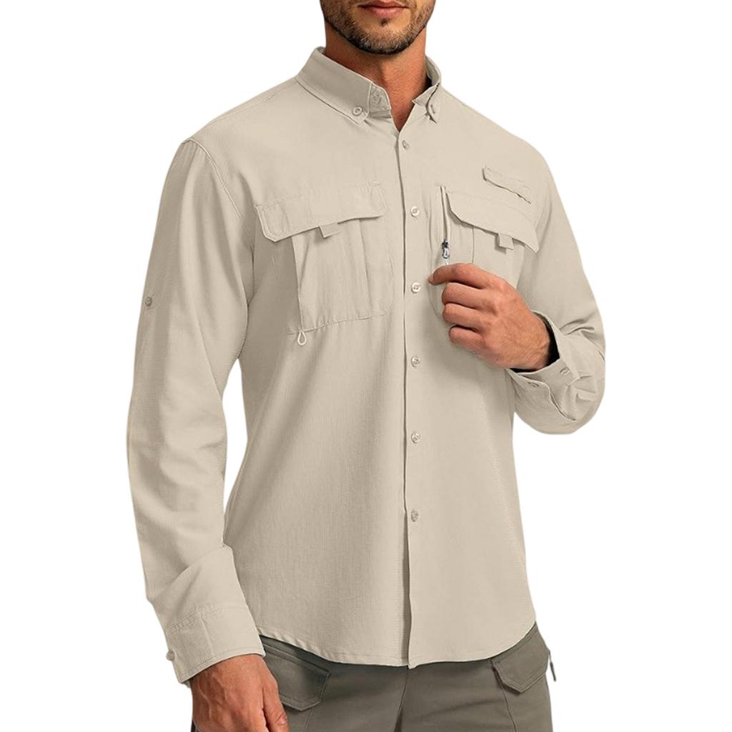 Men's Color Casual Loose Button-Down Collar Faux Pocket Long-Sleeved Shirt