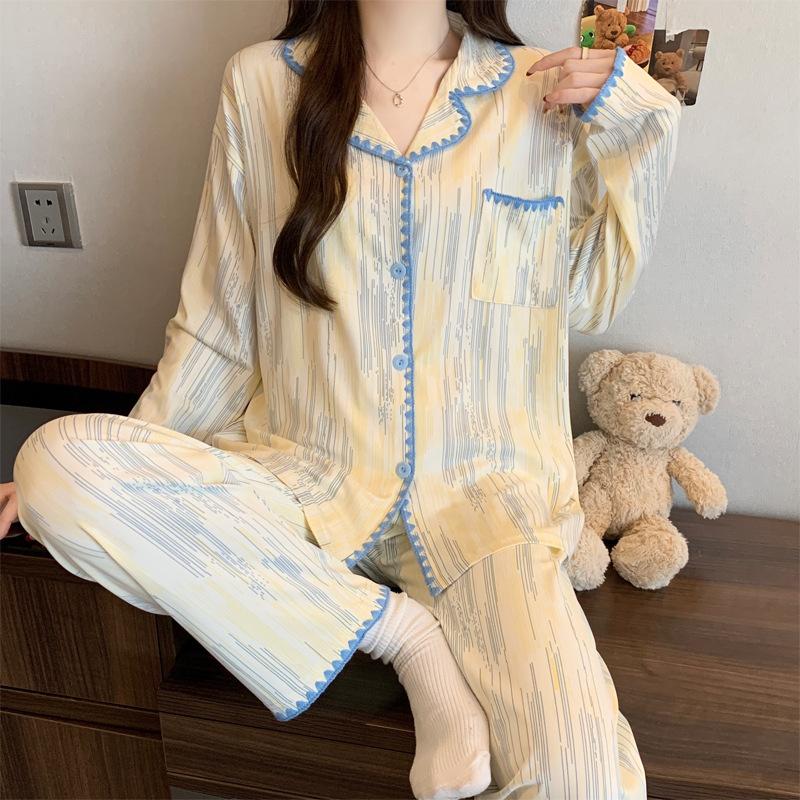 Halbmond-Stickrand Langarm-Pyjama Damen Frühling Neu Imitation Baumwolle Dopamin Polka Dot Loungewear Set