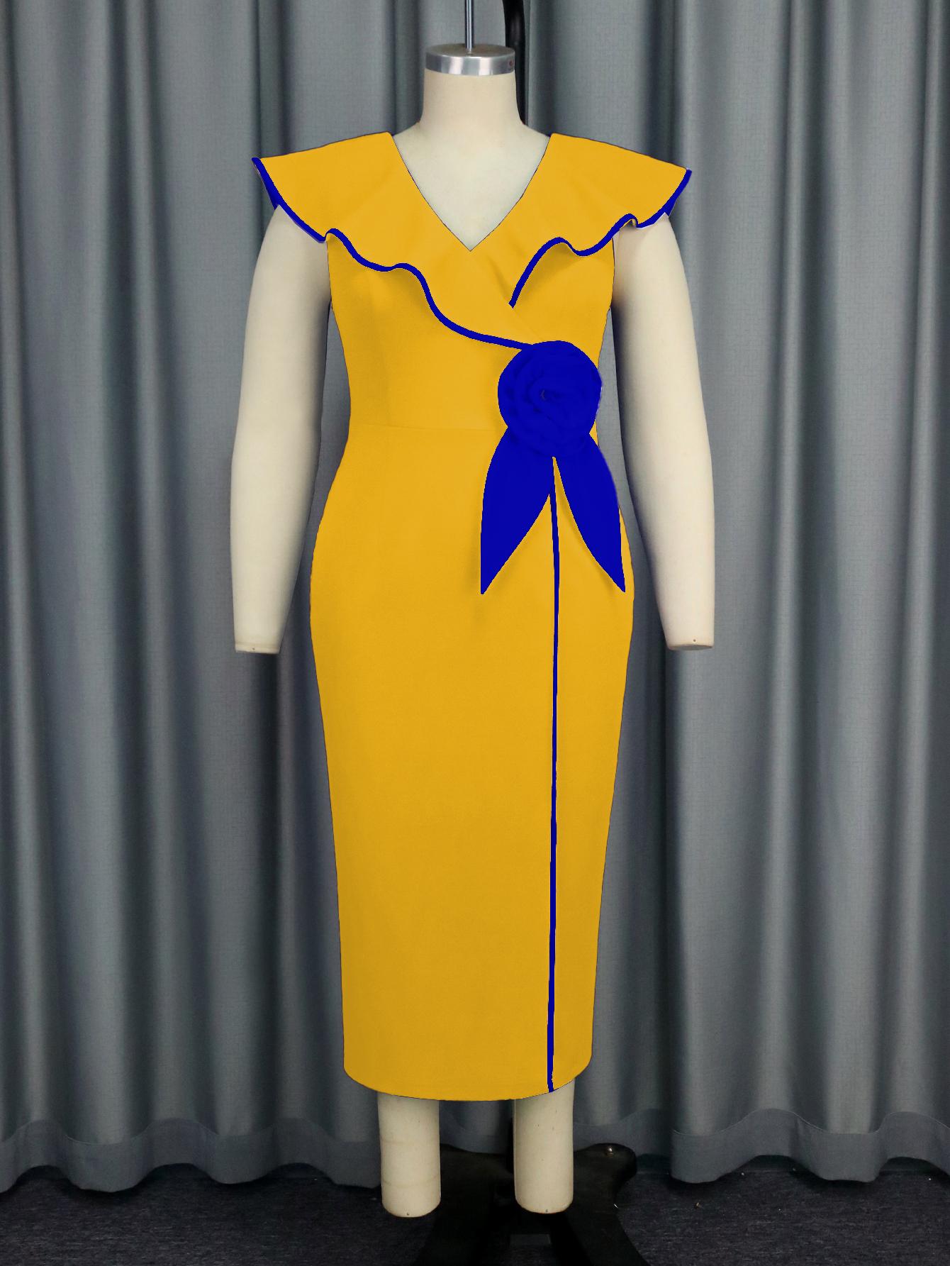 

AOMEI Elegant Women Long Dresses V Neck 3D Flower Bodycon Sleeveless Midi Outfits 4XL жёлтый