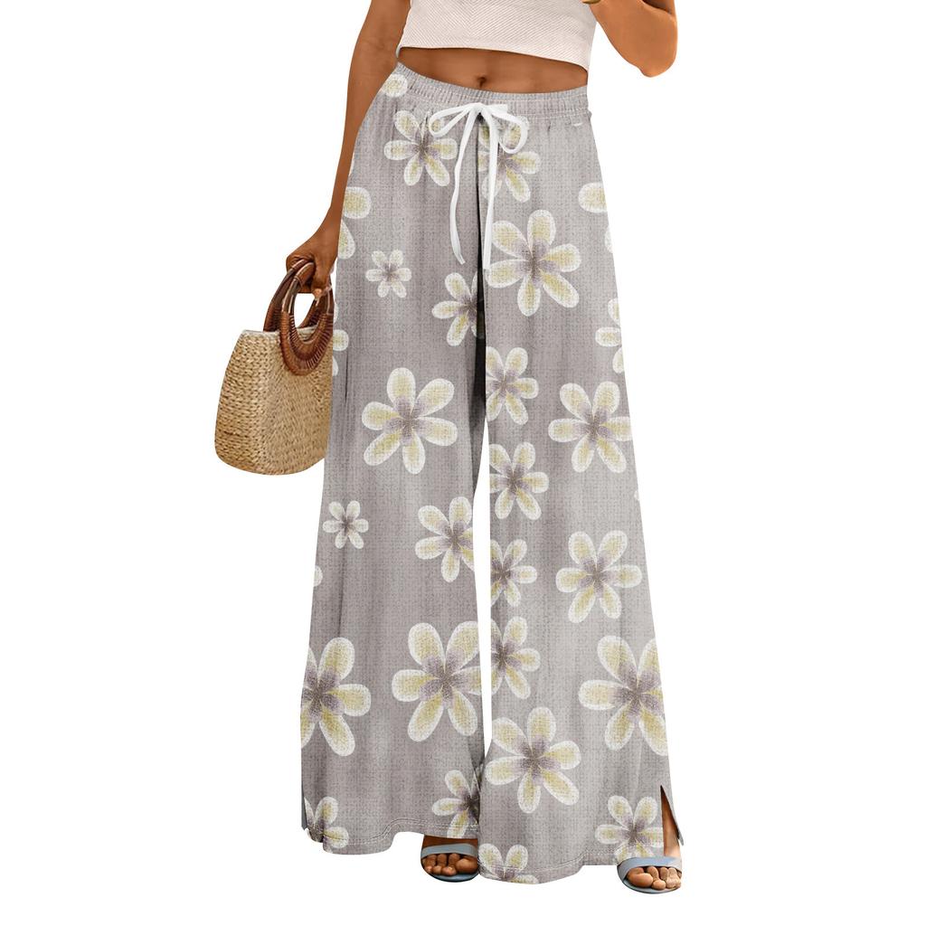 Women Summer Boho Palazzo Pants High Waist Wide Leg Floral Printing Casual Trousers With Pockets