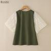ZANZEA Women V-Neck Casual Lace Splice 3/4 Sleeve Loose Blouse