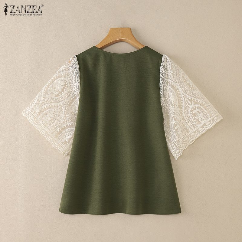 ZANZEA Women V-Neck Casual Lace Splice 3/4 Sleeve Loose Blouse