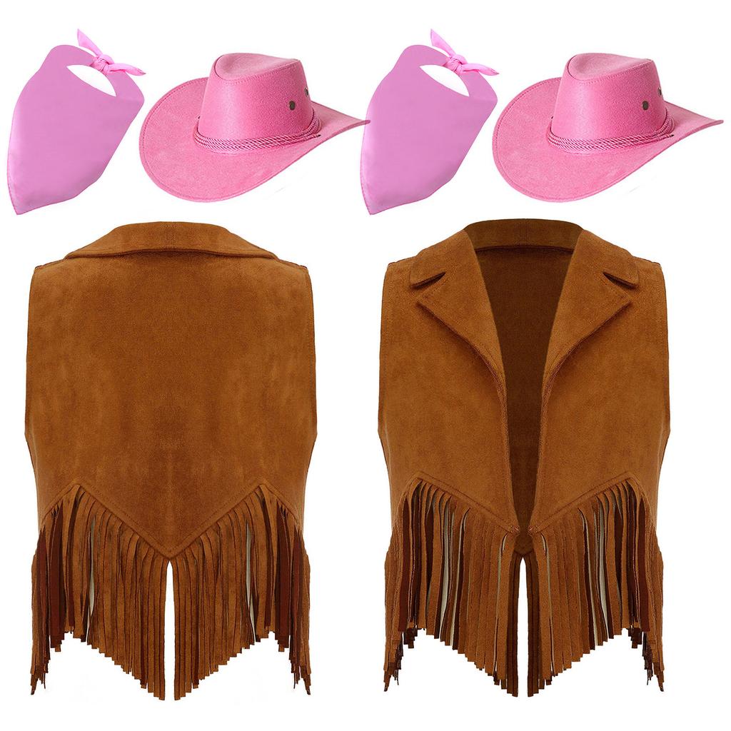 Kids Cowgirl Vest Suede Fringe Tassel Western Costume Set with Bandana Hat for Halloween Rodeo Role Play