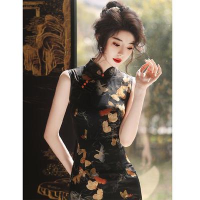 2024 Schwarzes Sommer Cheongsam Set: Retro Shanghai Ärmelloser Stil