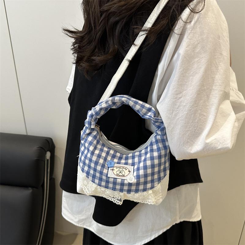 Søde Blonder Ternede Kvinde Skuldertasker Patchwork College Stil Crossbody Taske Y2K Koreanske Håndtasker